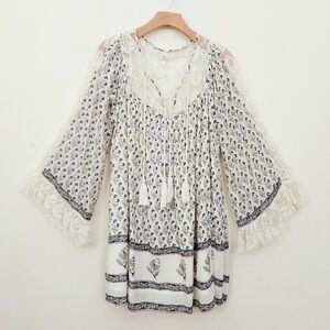 Free People Dress Womens XS Beige Nomad Child Lace Bell Sleeve Floral Bohemian